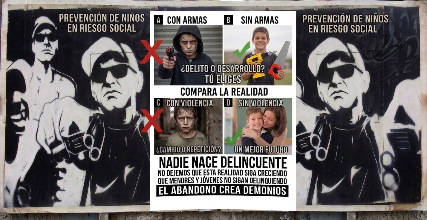 Afiche Compara la realidad: prevención de niños en riesgo social. Nadie nace delincuente